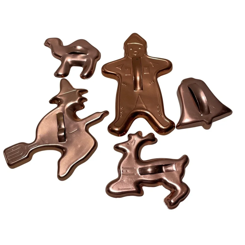 Copper Cookie‎ Cutters Set of Five Bell Camel Witch Gingerbread Man Reindeer